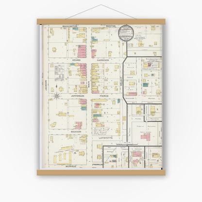Old map wall art mockup — magnetic wood frame on white wall — Sanborn Fire Insurance Map from Blandinsville, Mcdonough County, Illinois (1893), Sheet #0001