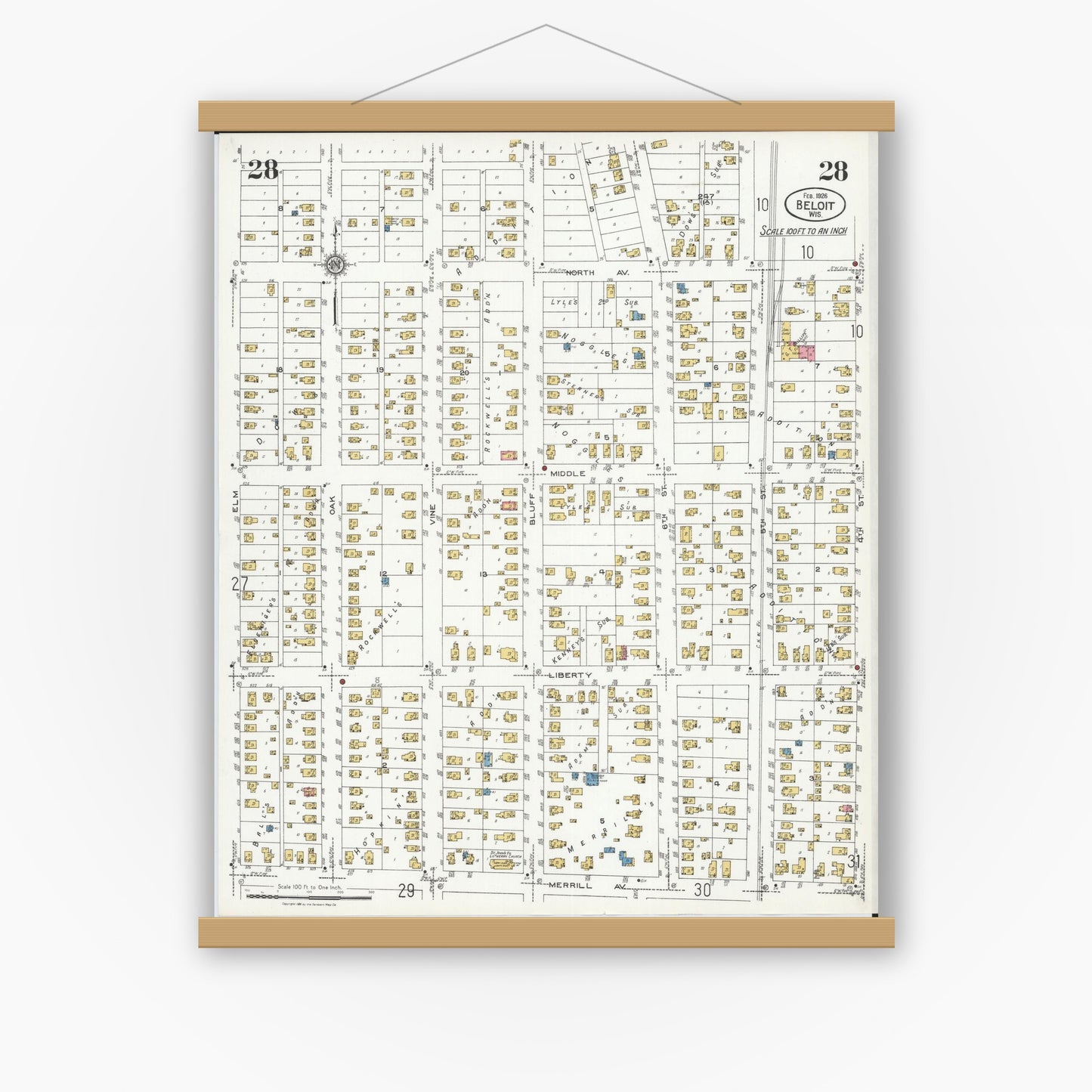 Old map wall art mockup — magnetic wood frame on white wall — Sanborn Fire Insurance Map from Beloit, Rock County, Wisconsin (1926), Sheet #0028