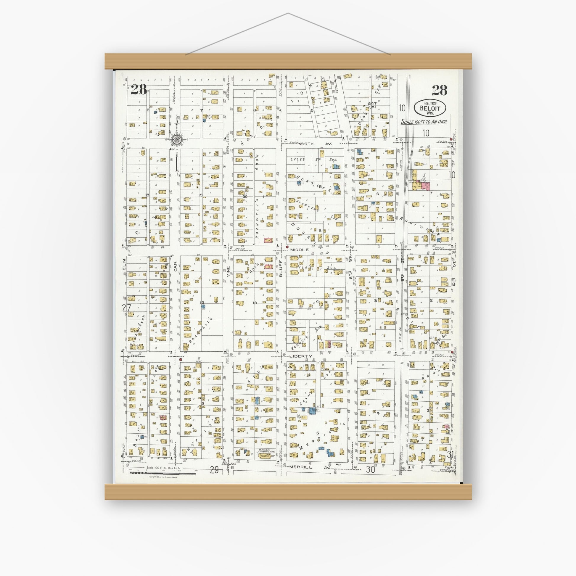 Old map wall art mockup — magnetic wood frame on white wall — Sanborn Fire Insurance Map from Beloit, Rock County, Wisconsin (1926), Sheet #0028