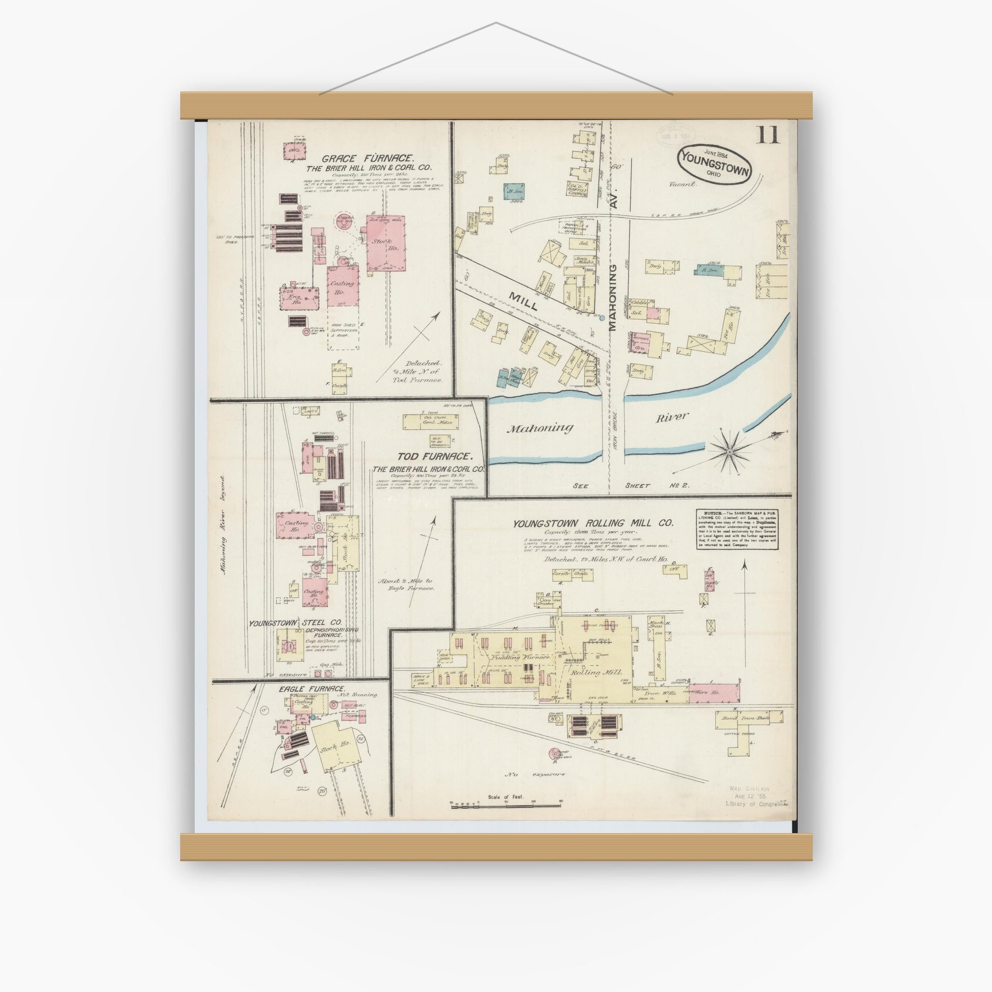 Old map wall art mockup — magnetic wood frame on white wall — Sanborn Fire Insurance Map from Youngstown, Mahoning County, Ohio (1884), Sheet #0011