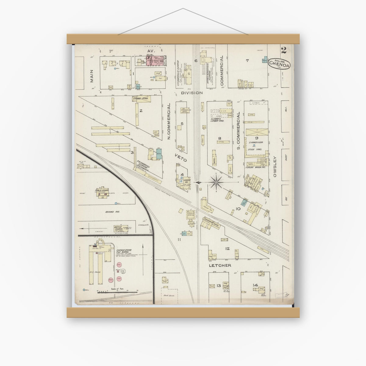 Old map wall art mockup — magnetic wood frame on white wall — Sanborn Fire Insurance Map from Chenoa, McLean County, Illinois (1885), Sheet #0002