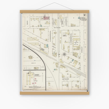 Old map wall art mockup — magnetic wood frame on white wall — Sanborn Fire Insurance Map from Chenoa, McLean County, Illinois (1885), Sheet #0002