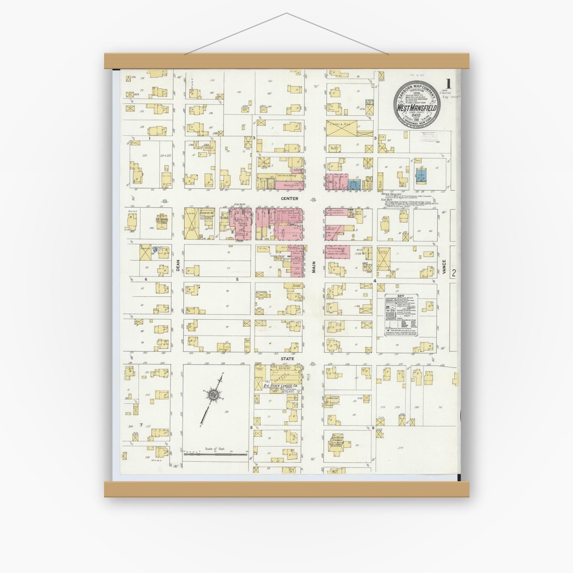 Old map wall art mockup — magnetic wood frame on white wall — Sanborn Fire Insurance Map from West Mansfield, Logan County, Ohio (1911), Sheet #0001