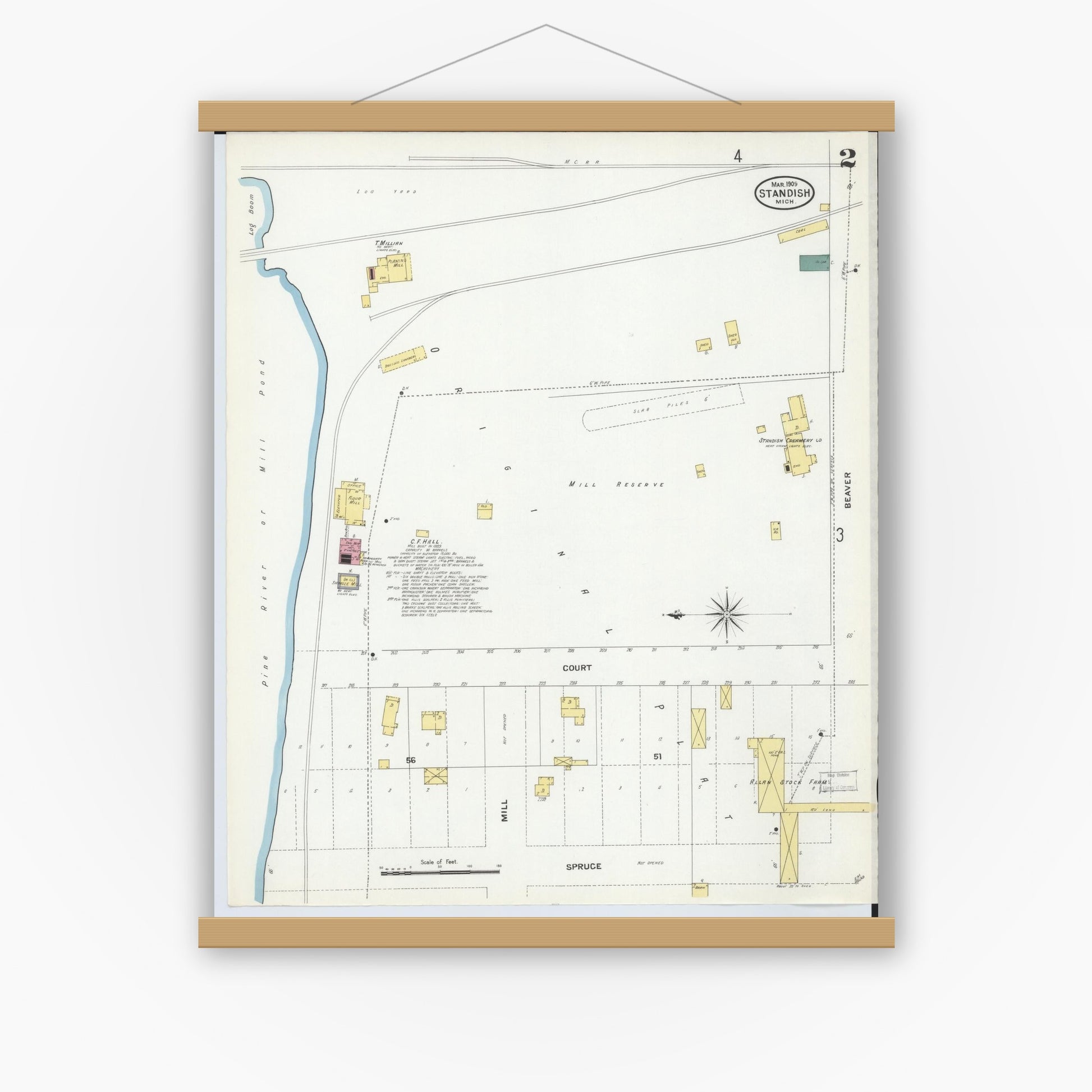 Old map wall art mockup — magnetic wood frame on white wall — Sanborn Fire Insurance Map from Standish, Arenac County, Michigan (1909), Sheet #0002