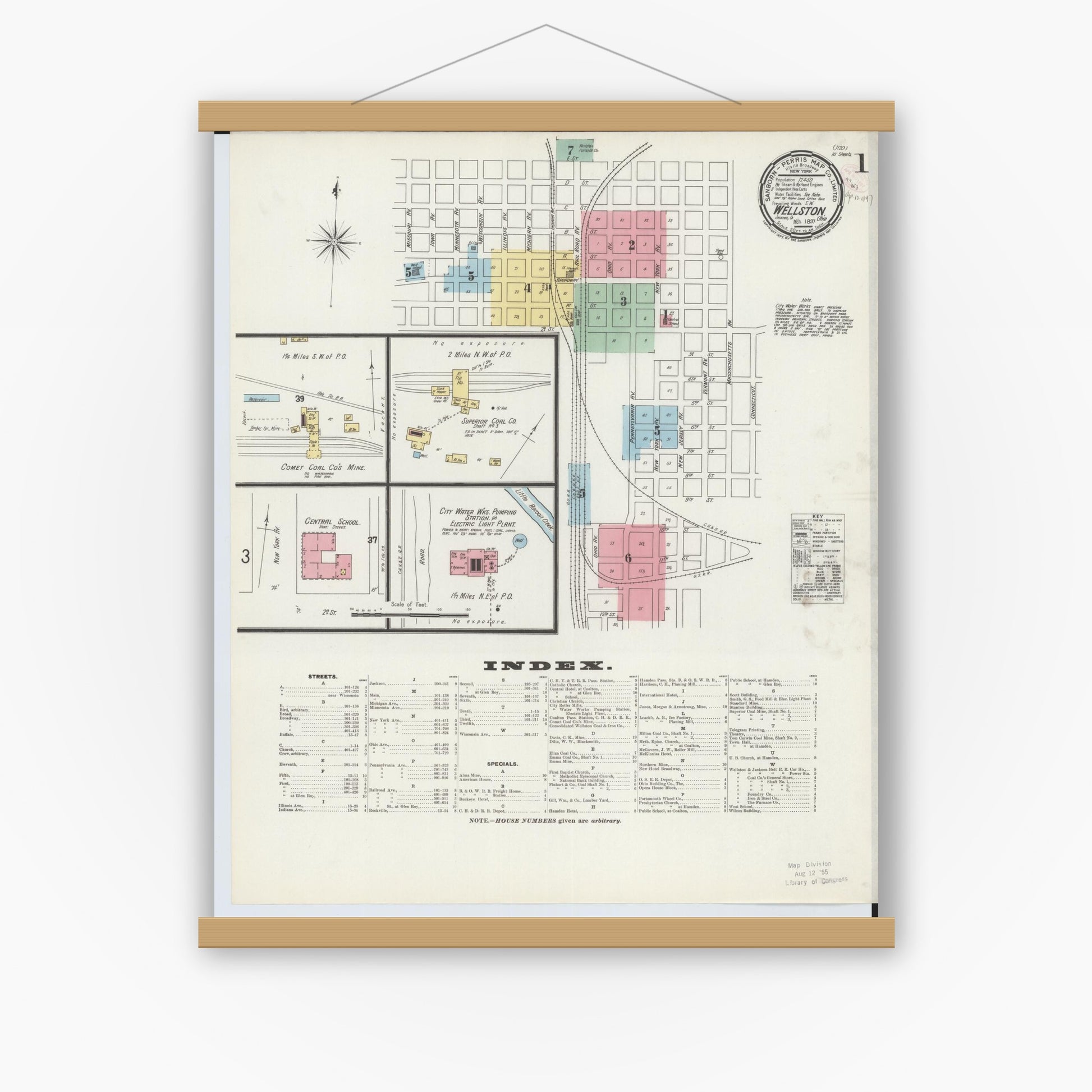 Old map wall art mockup — magnetic wood frame on white wall — Sanborn Fire Insurance Map from Wellston, Jackson County, Ohio (1897), Sheet #0001
