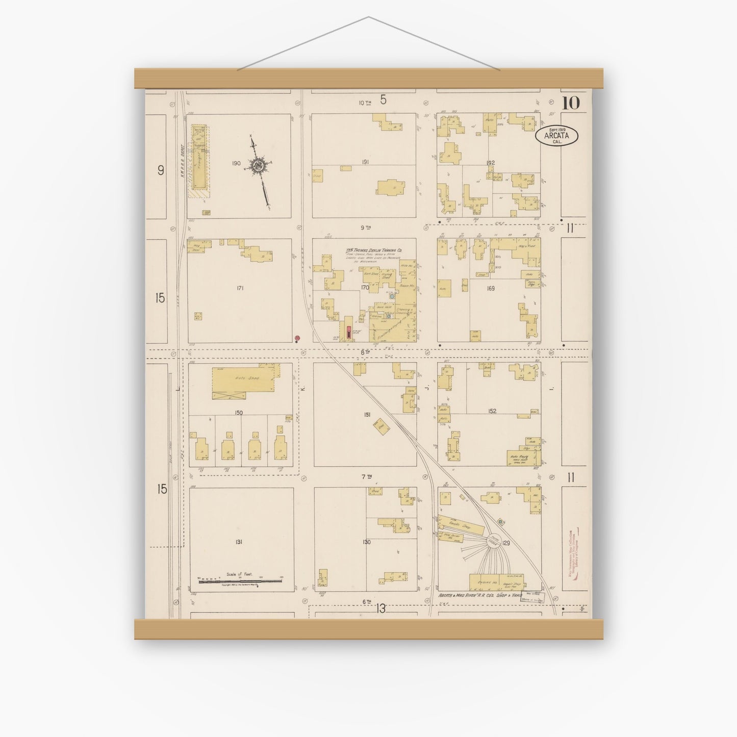 Old map wall art mockup — magnetic wood frame on white wall — Sanborn Fire Insurance Map from Arcata, Humboldt County, California (1919), Sheet #0010