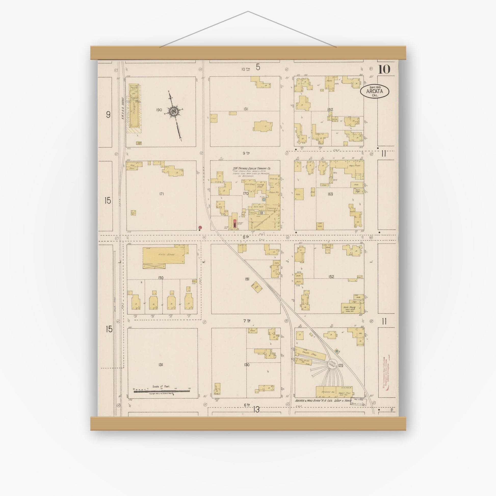 Old map wall art mockup — magnetic wood frame on white wall — Sanborn Fire Insurance Map from Arcata, Humboldt County, California (1919), Sheet #0010