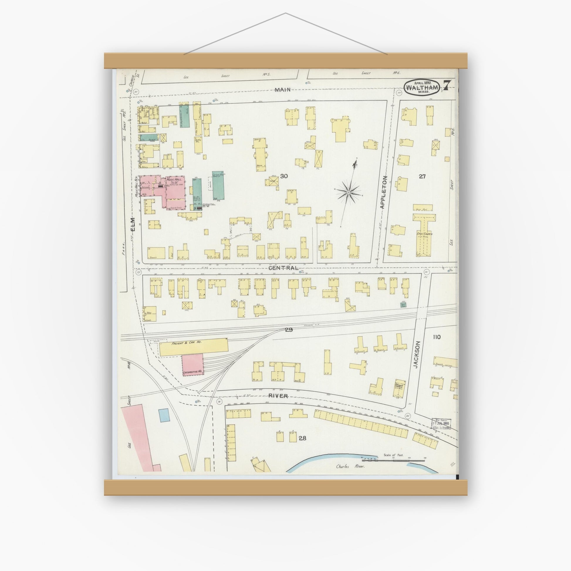 Old map wall art mockup — magnetic wood frame on white wall — Sanborn Fire Insurance Map from Waltham, Middlesex County, Massachusetts (1892), Sheet #0007