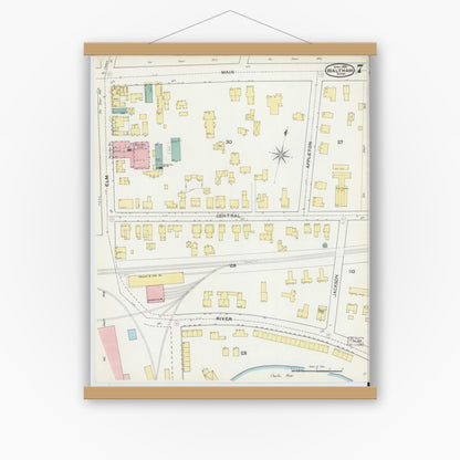 Old map wall art mockup — magnetic wood frame on white wall — Sanborn Fire Insurance Map from Waltham, Middlesex County, Massachusetts (1892), Sheet #0007