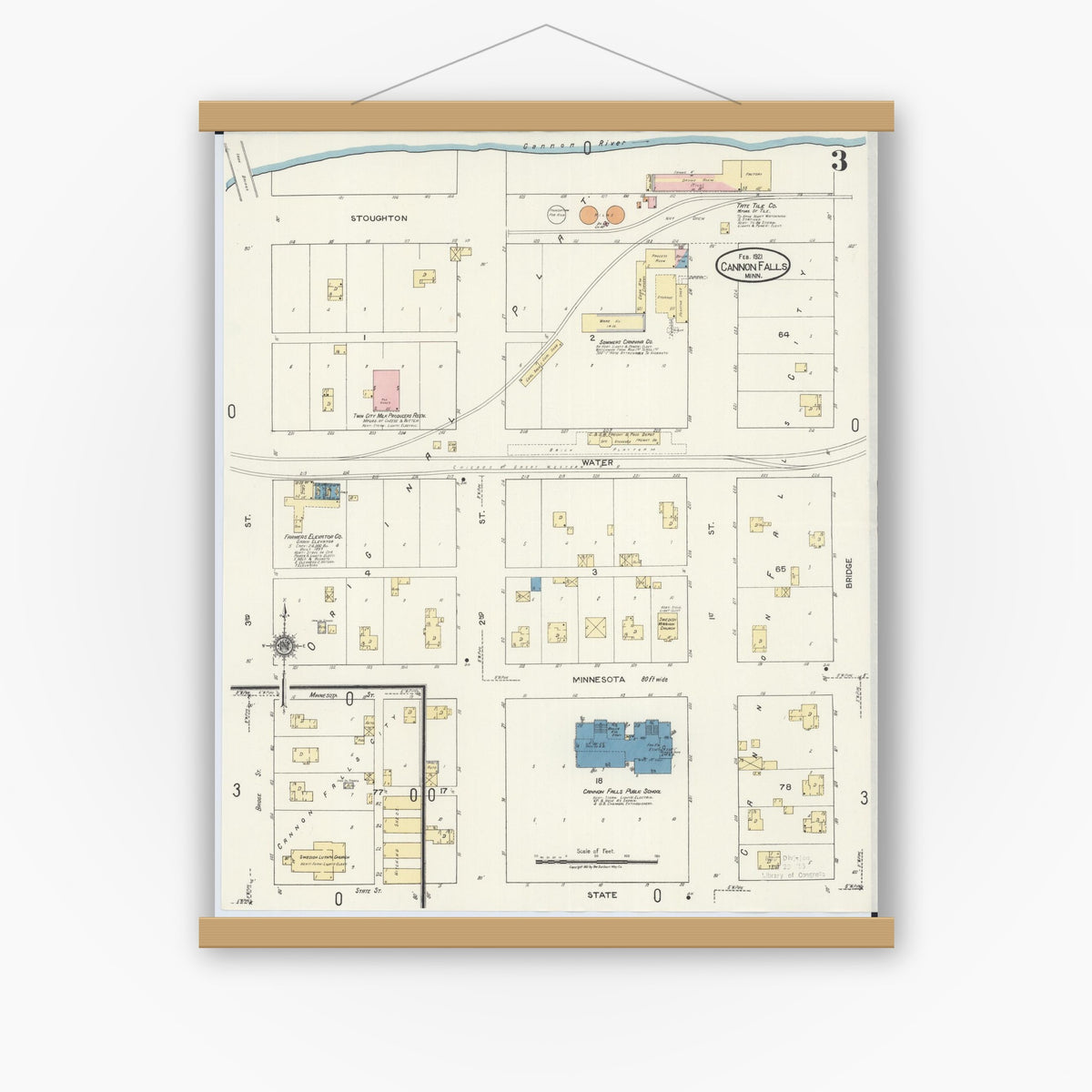 Old map wall art mockup — magnetic wood frame on white wall — Sanborn Fire Insurance Map from Cannon Falls, Goodhue County, Minnesota (1921), Sheet #0003