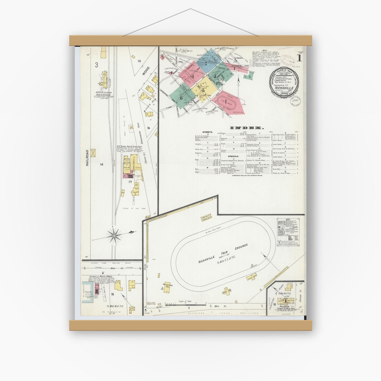 Old map wall art mockup — magnetic wood frame on white wall — Sanborn Fire Insurance Map from Hicksville, Defiance County, Ohio (1899) - Complete Map Set
