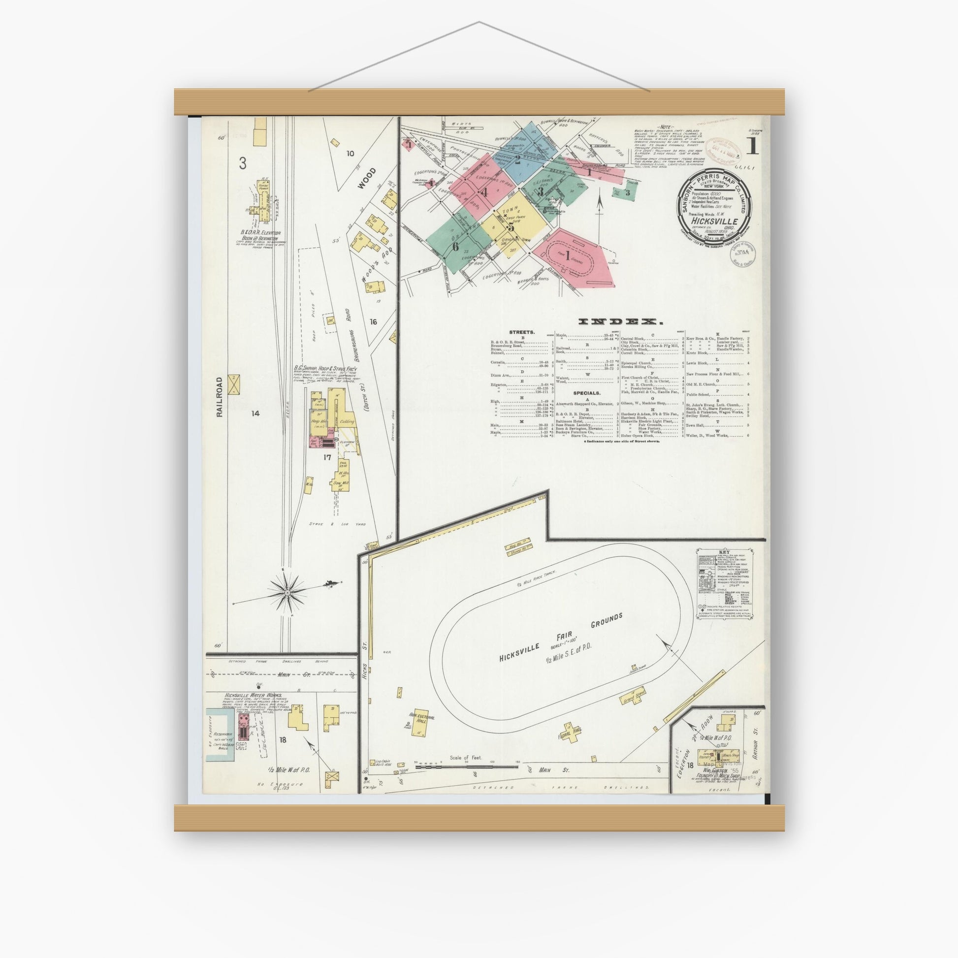 Old map wall art mockup — magnetic wood frame on white wall — Sanborn Fire Insurance Map from Hicksville, Defiance County, Ohio (1899) - Complete Map Set