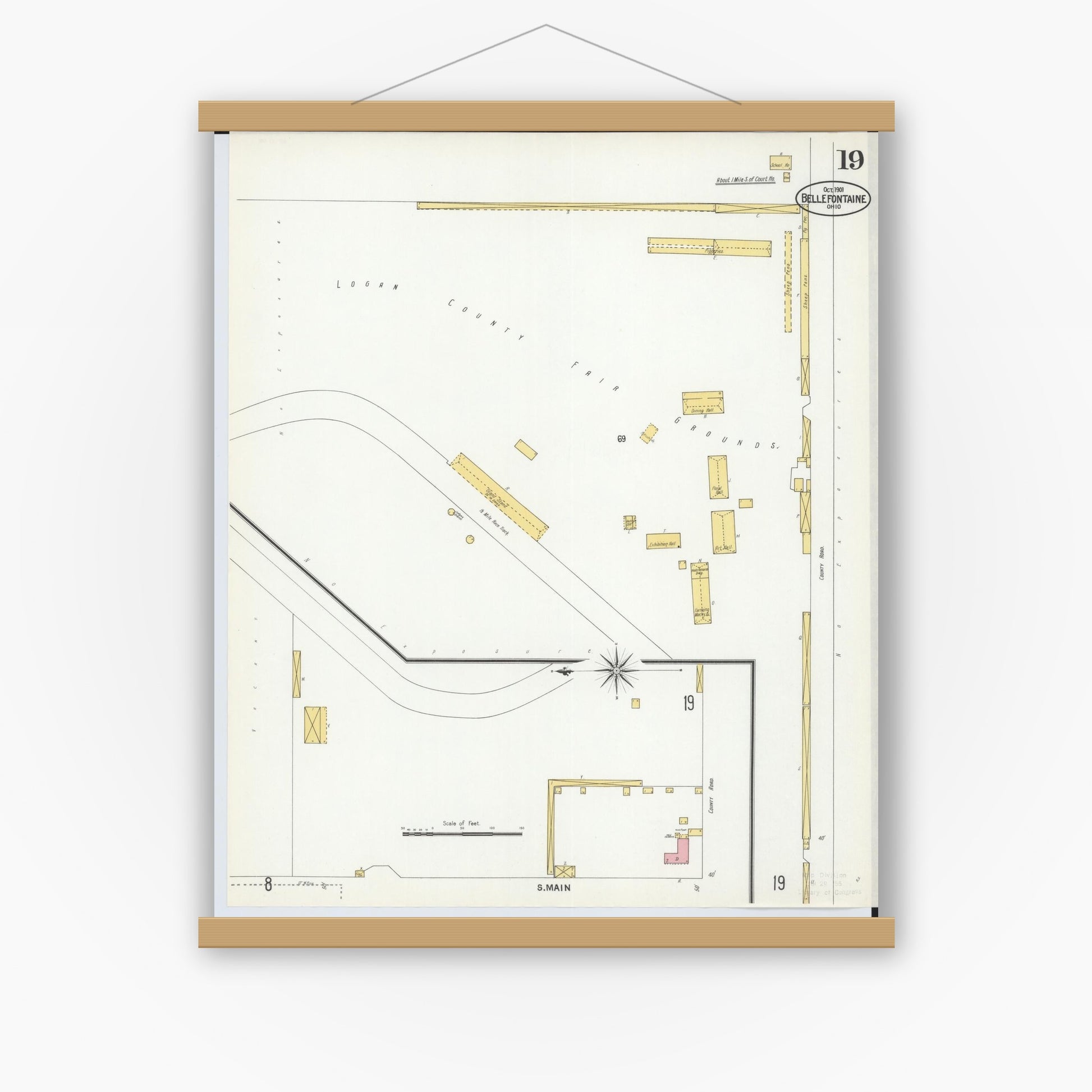 Old map wall art mockup — magnetic wood frame on white wall — Sanborn Fire Insurance Map from Bellefontaine, Logan County, Ohio (1901), Sheet #0019