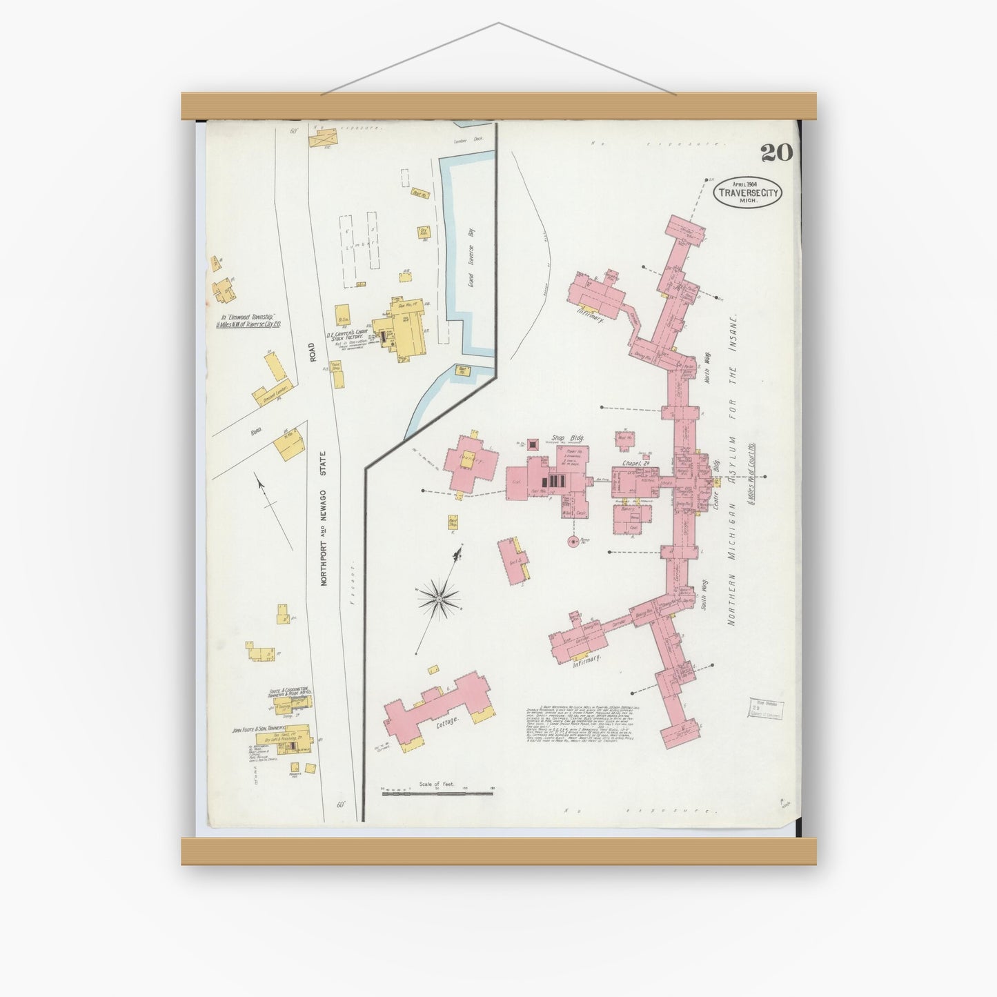 Old map wall art mockup — magnetic wood frame on white wall — Sanborn Fire Insurance Map from Traverse City, Grand Traverse County, Michigan (1904), Sheet #0020