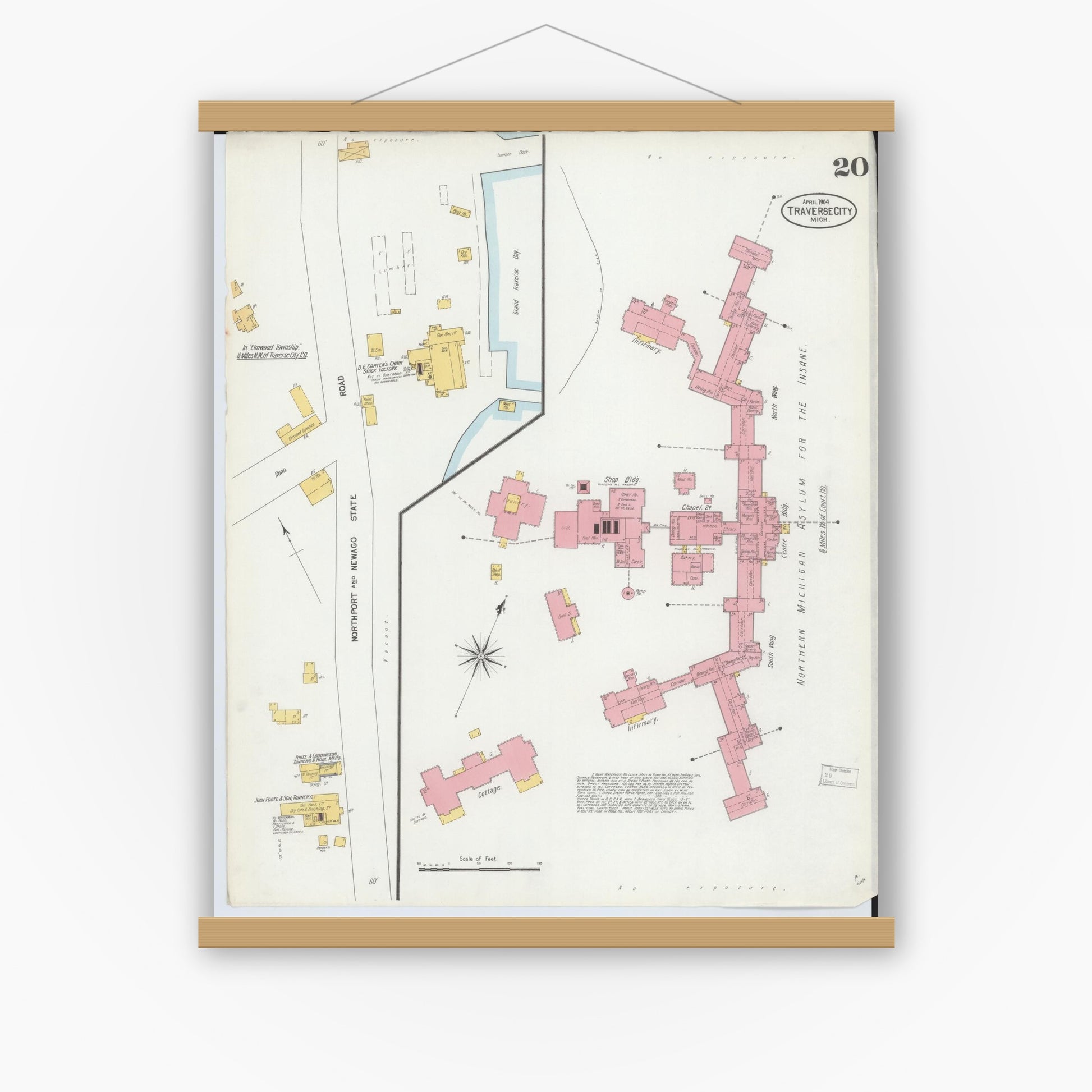 Old map wall art mockup — magnetic wood frame on white wall — Sanborn Fire Insurance Map from Traverse City, Grand Traverse County, Michigan (1904), Sheet #0020