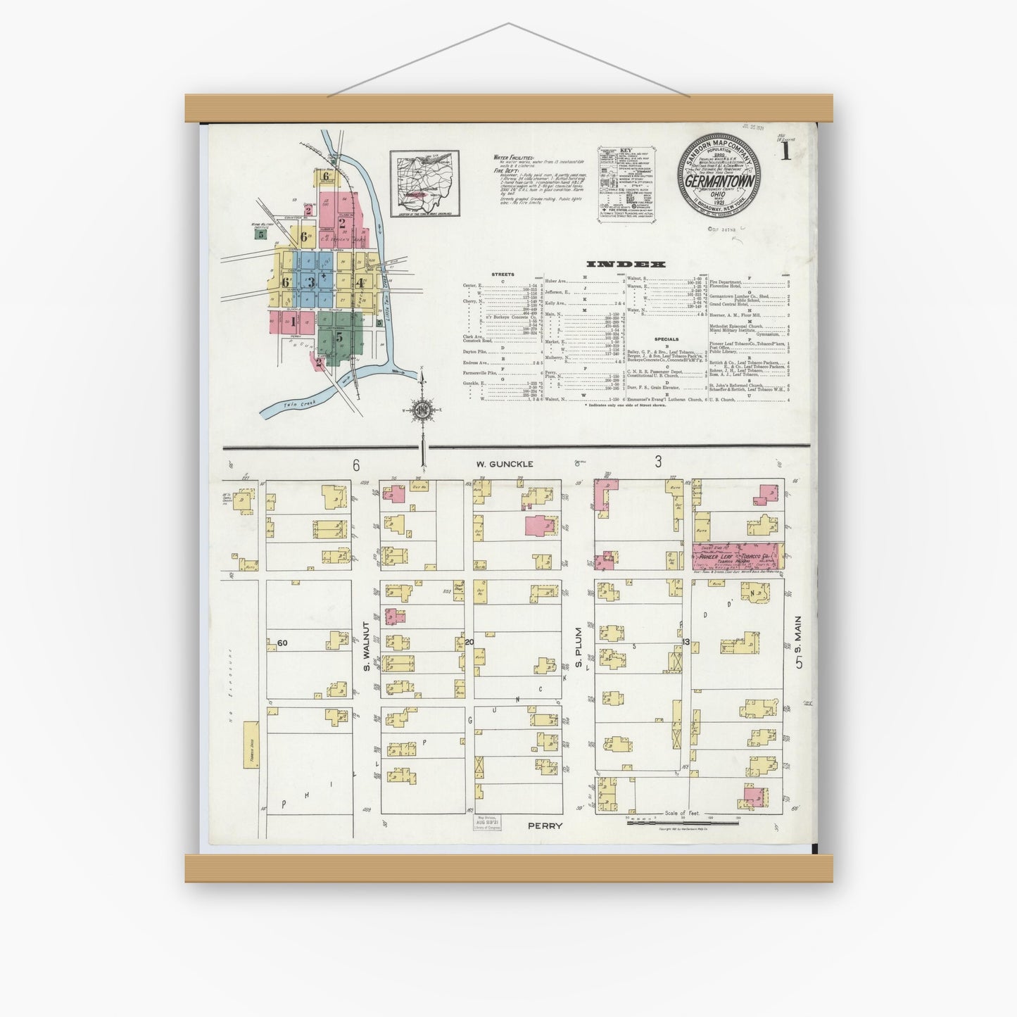 Old map wall art mockup — magnetic wood frame on white wall — Sanborn Fire Insurance Map from Germantown, Montgomery County, Ohio (1921), Sheet #0001