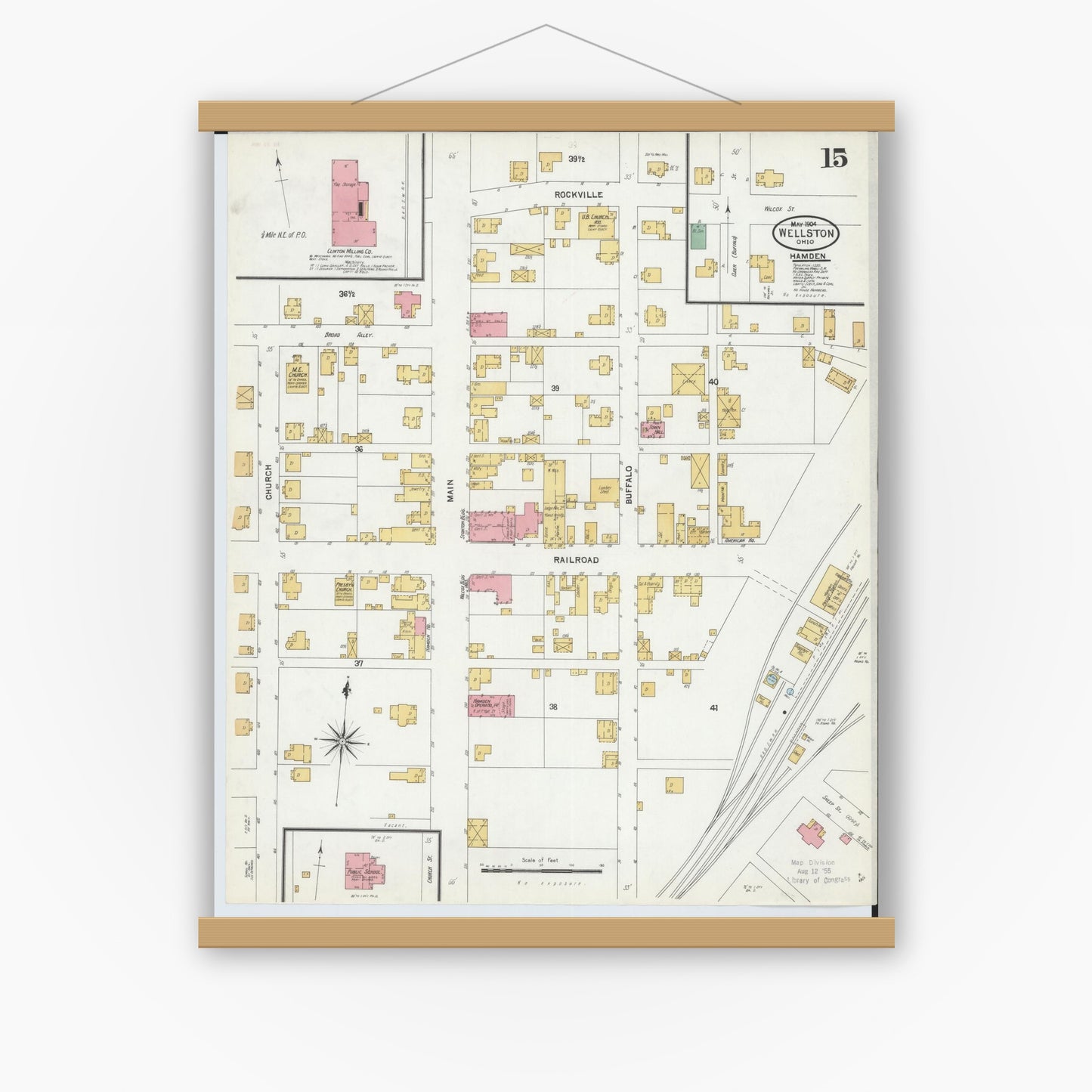 Old map wall art mockup — magnetic wood frame on white wall — Sanborn Fire Insurance Map from Wellston, Jackson County, Ohio (1904), Sheet #0015