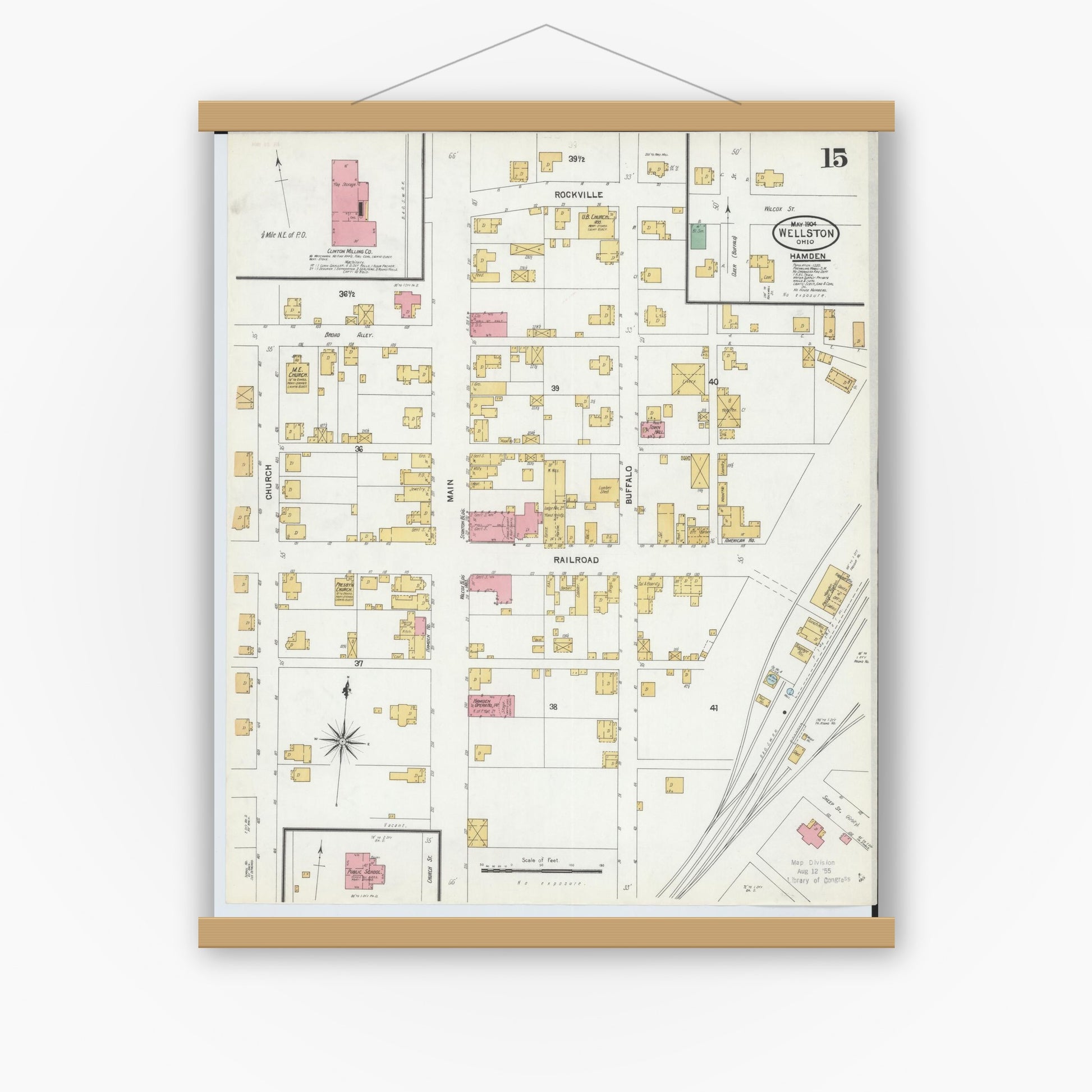 Old map wall art mockup — magnetic wood frame on white wall — Sanborn Fire Insurance Map from Wellston, Jackson County, Ohio (1904), Sheet #0015