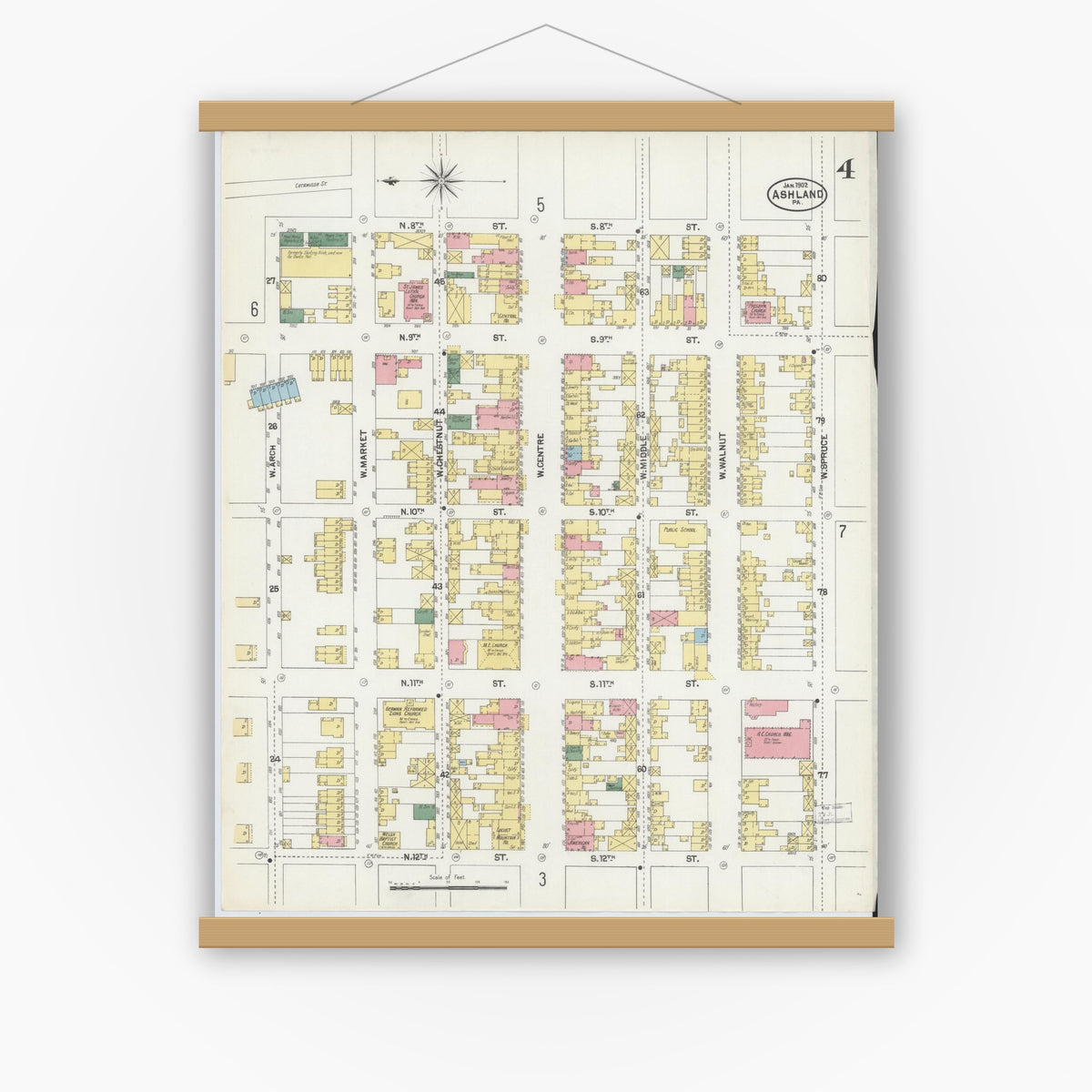 Old map wall art mockup — magnetic wood frame on white wall — Sanborn Fire Insurance Map from Ashland, Schuylkill County, Pennsylvania (1902), Sheet #0004