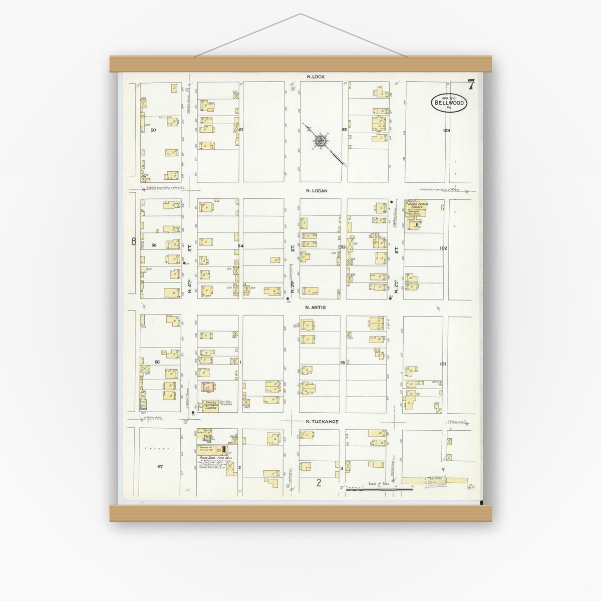 Old map wall art mockup — magnetic wood frame on white wall — Sanborn Fire Insurance Map from Bellwood, Blair County, Pennsylvania (1910), Sheet #0007