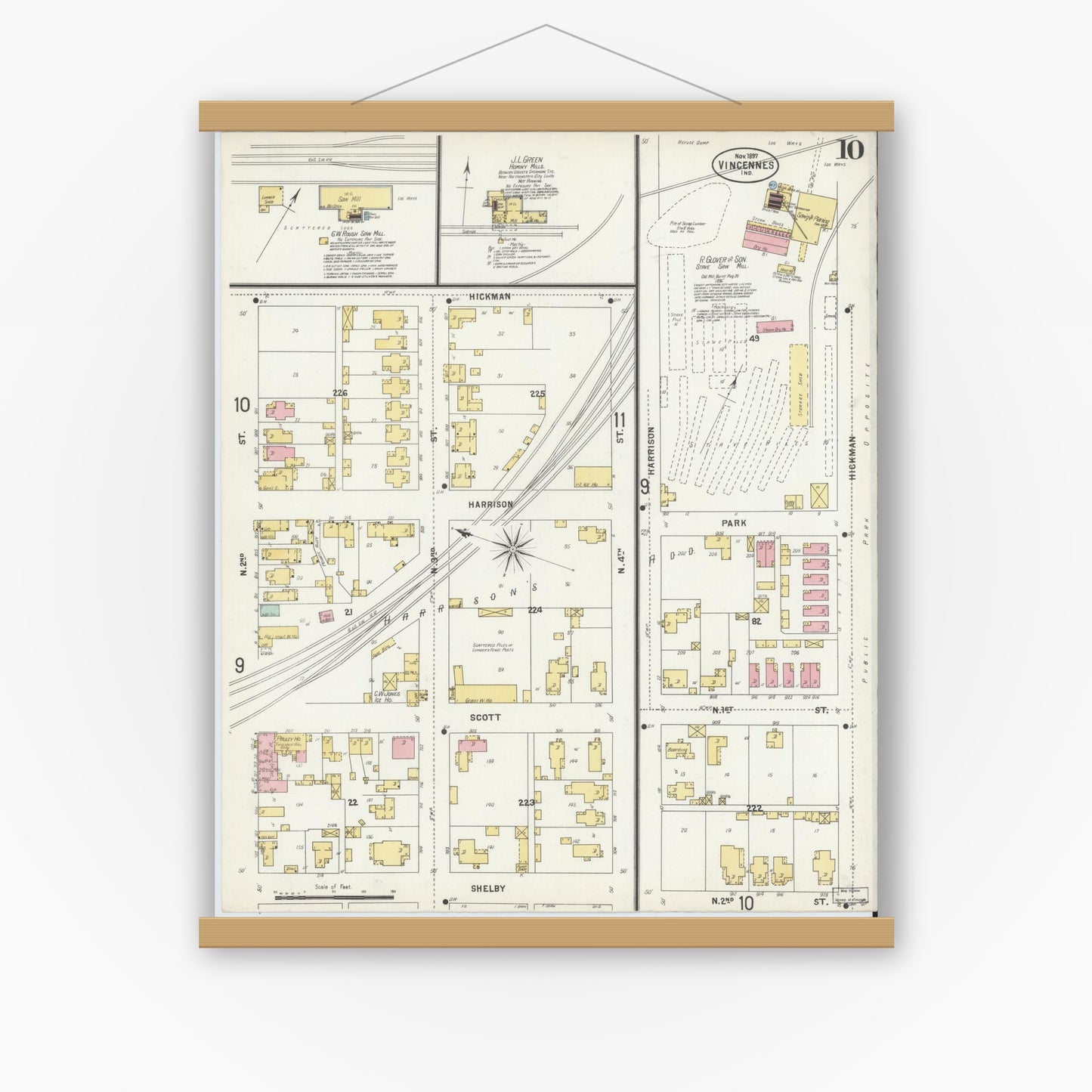 Old map wall art mockup — magnetic wood frame on white wall — Sanborn Fire Insurance Map from Vincennes, Knox County, Indiana (1897), Sheet #0010