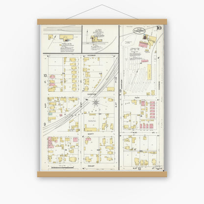 Old map wall art mockup — magnetic wood frame on white wall — Sanborn Fire Insurance Map from Vincennes, Knox County, Indiana (1897), Sheet #0010