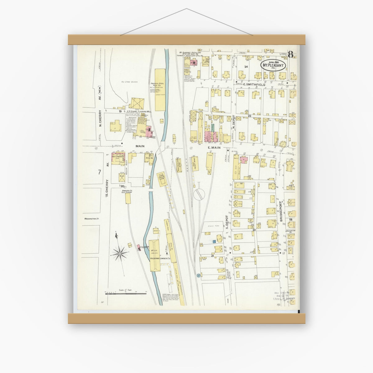 Old map wall art mockup — magnetic wood frame on white wall — Sanborn Fire Insurance Map from Mount Pleasant, Westmoreland County, Pennsylvania (1908), Sheet #0008