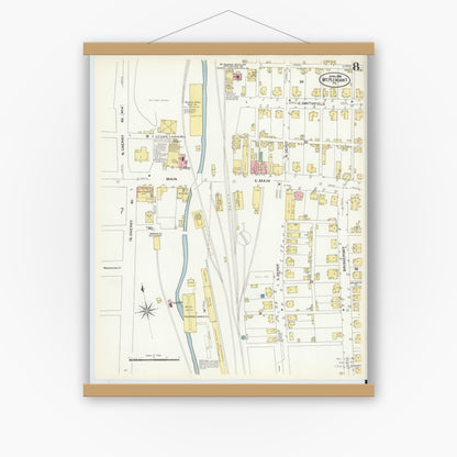 Old map wall art mockup — magnetic wood frame on white wall — Sanborn Fire Insurance Map from Mount Pleasant, Westmoreland County, Pennsylvania (1908), Sheet #0008