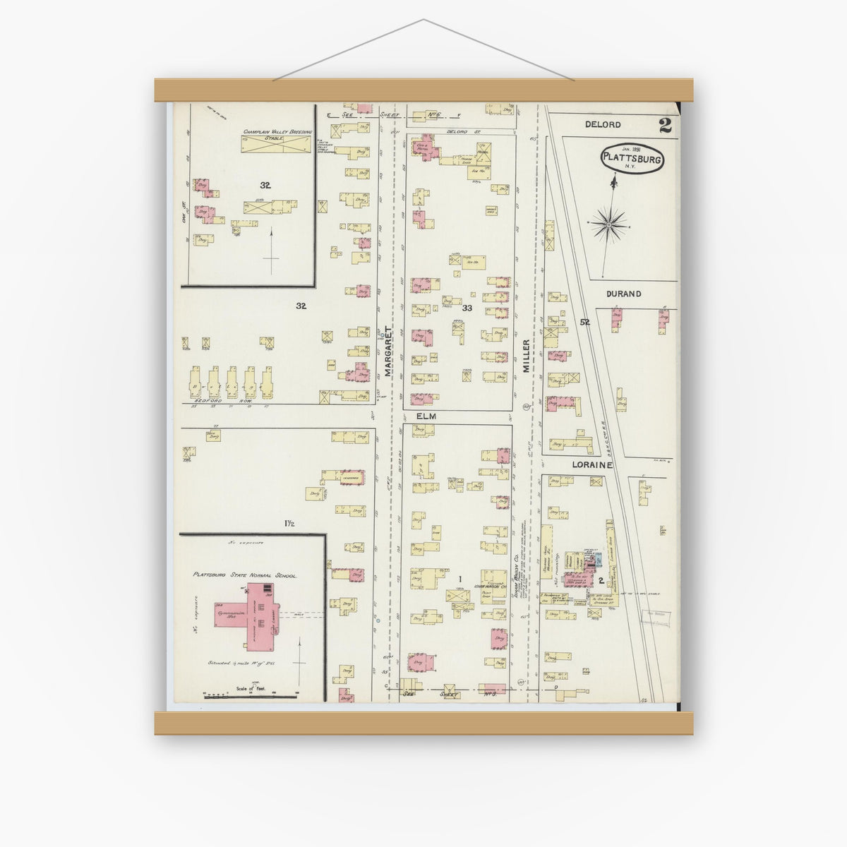 Old map wall art mockup — magnetic wood frame on white wall — Sanborn Fire Insurance Map from Plattsburg, Clinton County, New York (1891) - Complete Map Set