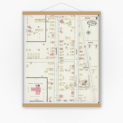 Old map wall art mockup — magnetic wood frame on white wall — Sanborn Fire Insurance Map from Plattsburg, Clinton County, New York (1891) - Complete Map Set