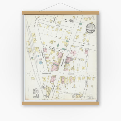 Old map wall art mockup — magnetic wood frame on white wall — Sanborn Fire Insurance Map from New London, Huron County, Ohio (1889), Sheet #0001