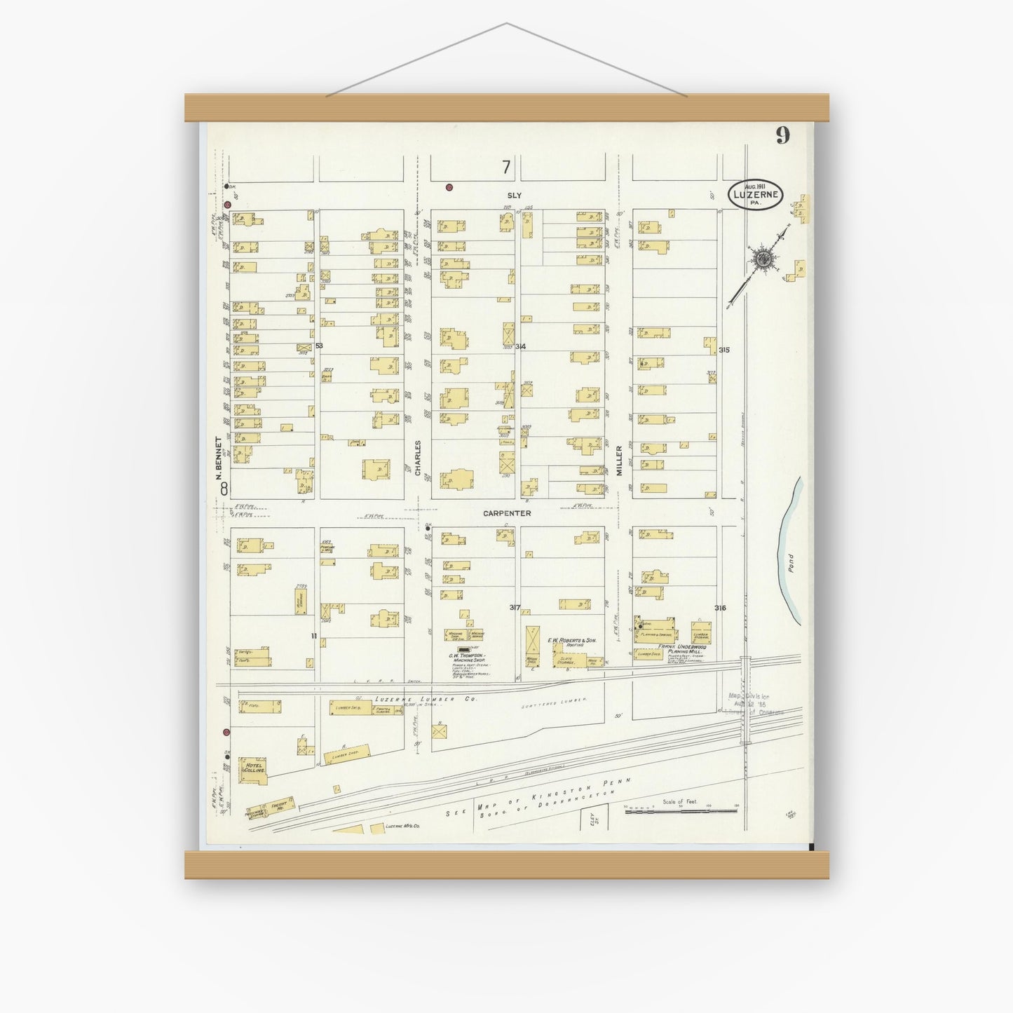 Old map wall art mockup — magnetic wood frame on white wall — Sanborn Fire Insurance Map from Luzerne, Luzerne County, Pennsylvania (1911), Sheet #0009