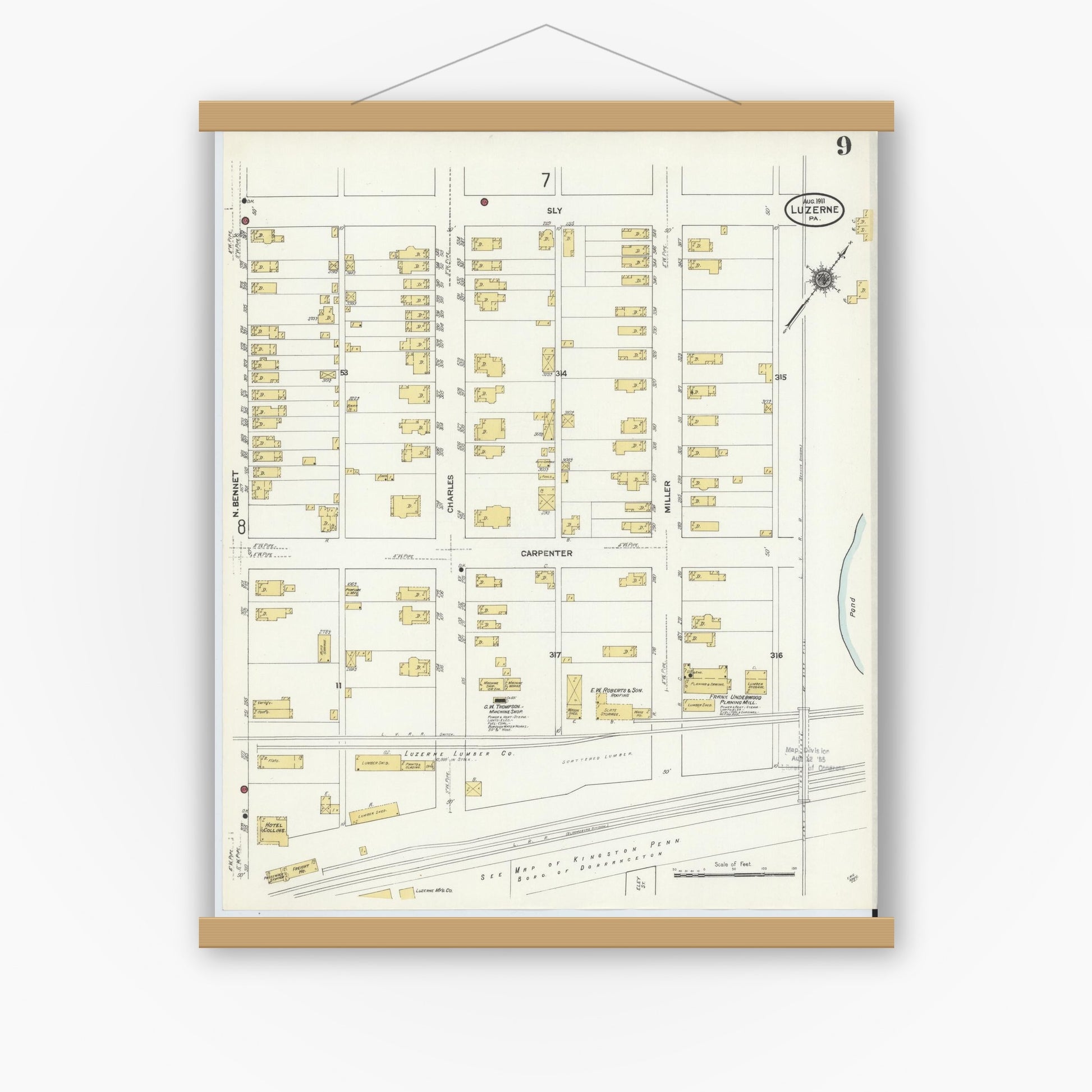 Old map wall art mockup — magnetic wood frame on white wall — Sanborn Fire Insurance Map from Luzerne, Luzerne County, Pennsylvania (1911), Sheet #0009