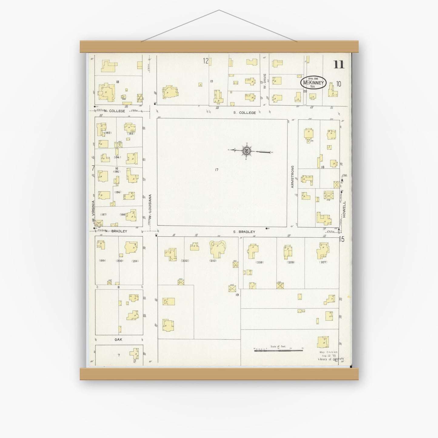 Old map wall art mockup — magnetic wood frame on white wall — Sanborn Fire Insurance Map from McKinney, Collin County, Texas (1914), Sheet #0011