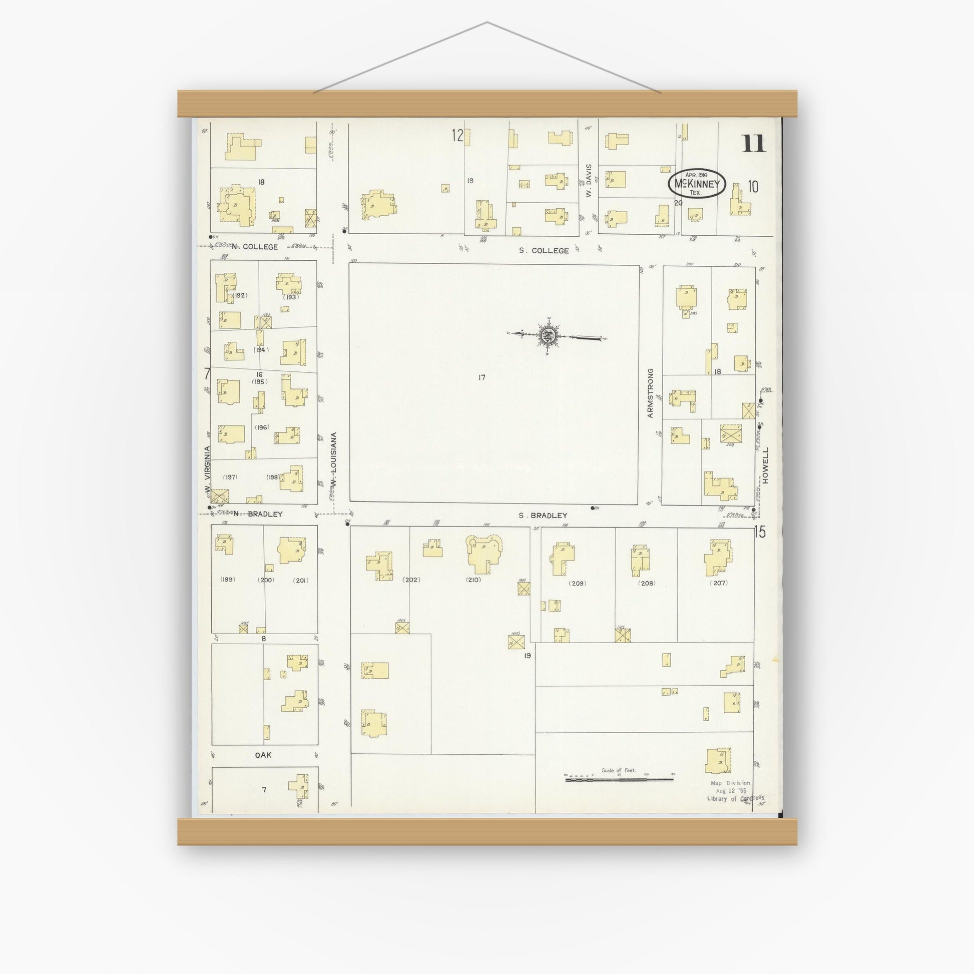 Old map wall art mockup — magnetic wood frame on white wall — Sanborn Fire Insurance Map from McKinney, Collin County, Texas (1914), Sheet #0011