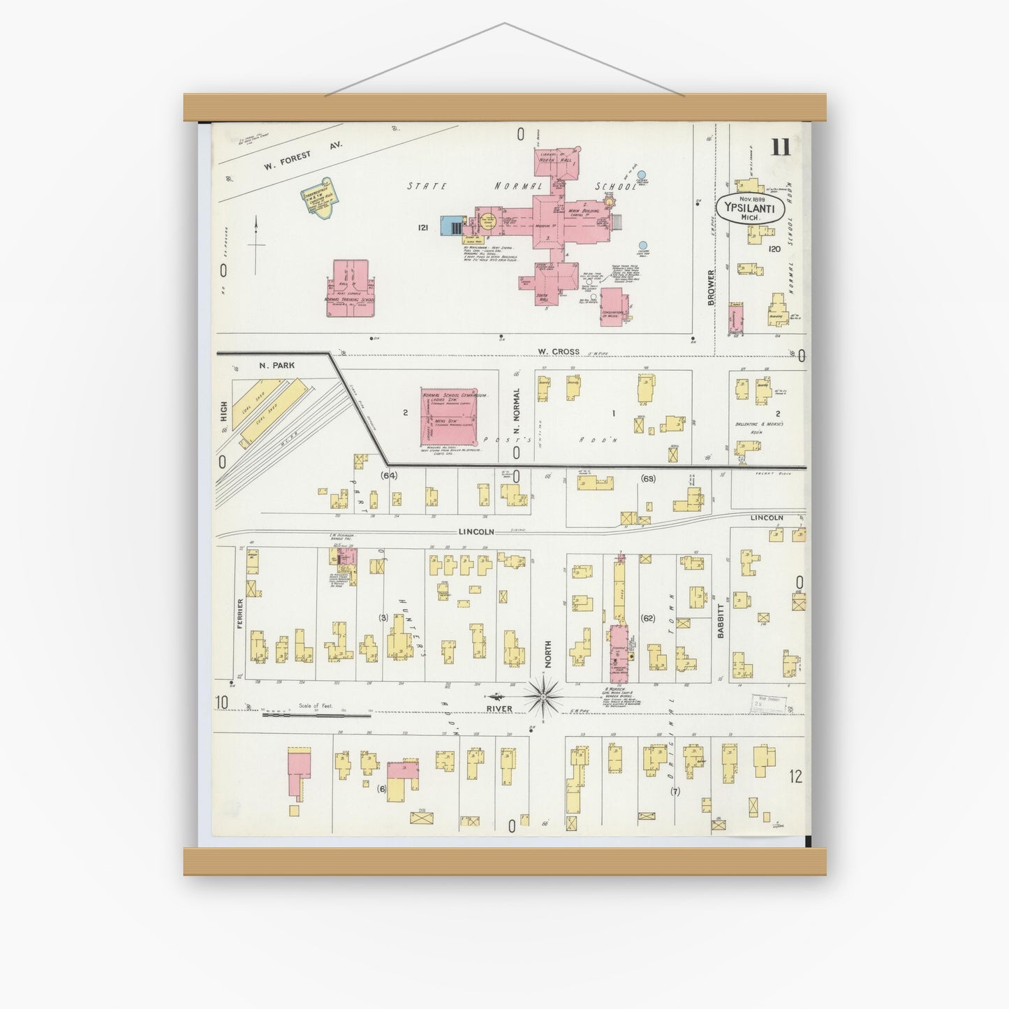 Old map wall art mockup — magnetic wood frame on white wall — Sanborn Fire Insurance Map from Ypsilanti, Washtenaw County, Michigan (1899), Sheet #0011