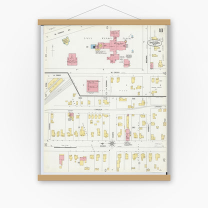 Old map wall art mockup — magnetic wood frame on white wall — Sanborn Fire Insurance Map from Ypsilanti, Washtenaw County, Michigan (1899), Sheet #0011