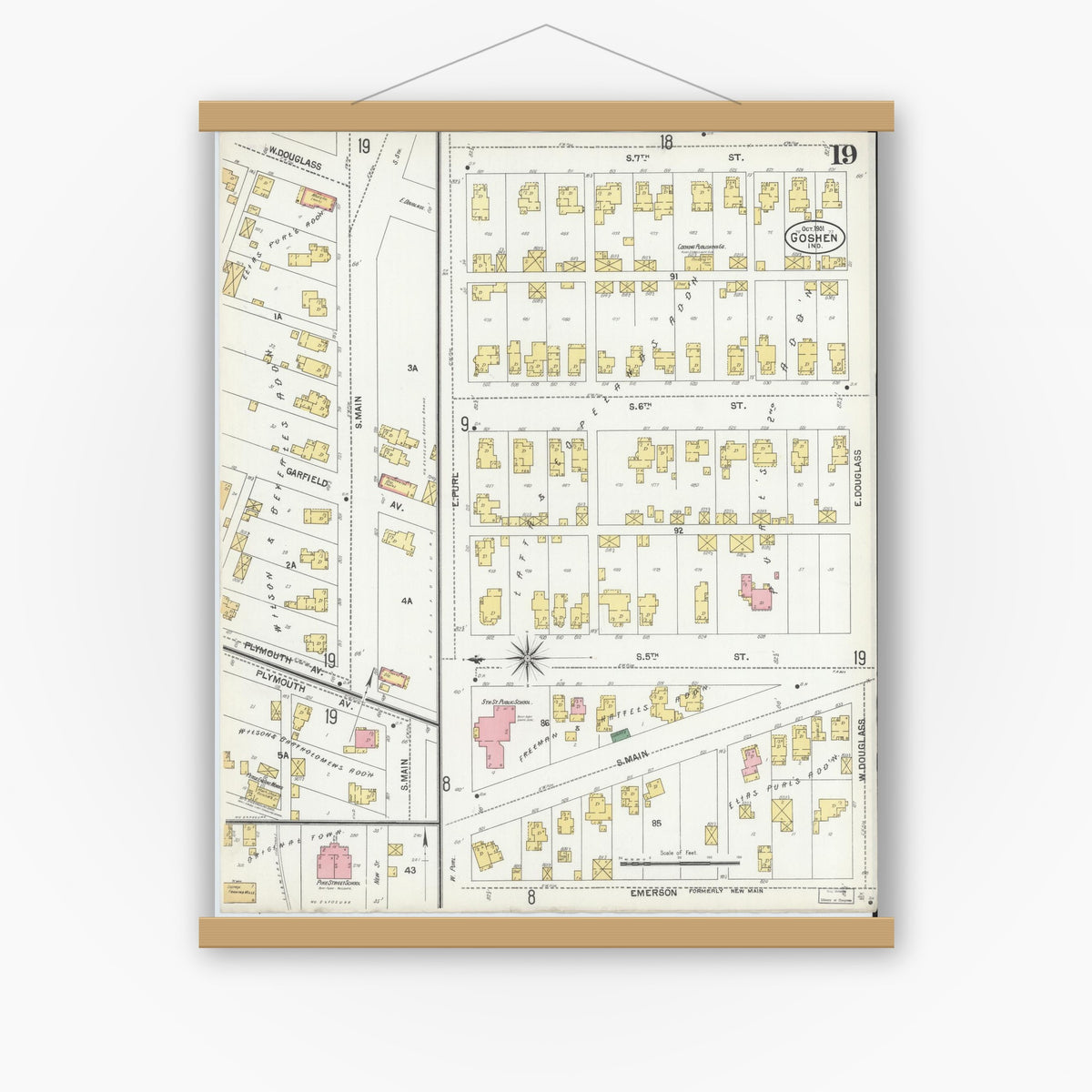 Old map wall art mockup — magnetic wood frame on white wall — Sanborn Fire Insurance Map from Goshen, Elkhart County, Indiana (1901), Sheet #0019