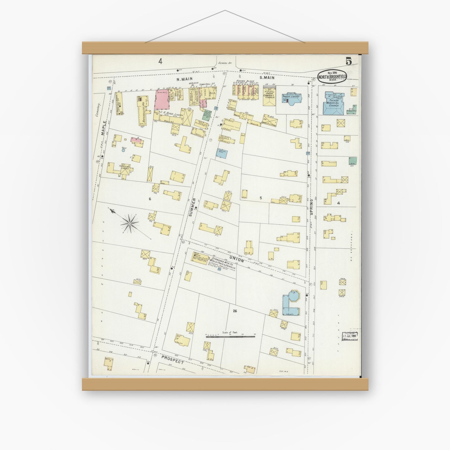 Old map wall art mockup — magnetic wood frame on white wall — Sanborn Fire Insurance Map from North Brookfield, Worcester County, Massachusetts (1896), Sheet #0005