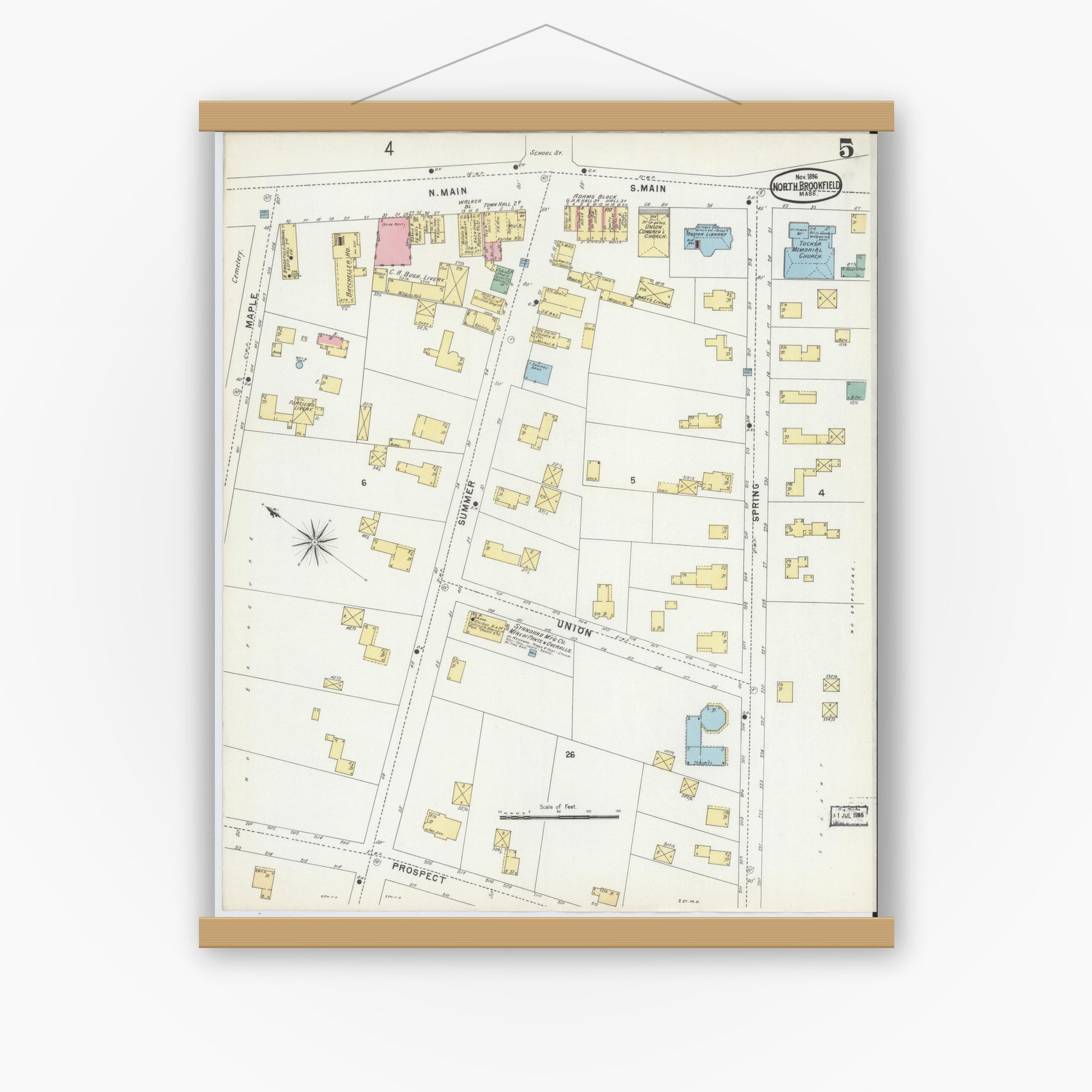 Old map wall art mockup — magnetic wood frame on white wall — Sanborn Fire Insurance Map from North Brookfield, Worcester County, Massachusetts (1896), Sheet #0005