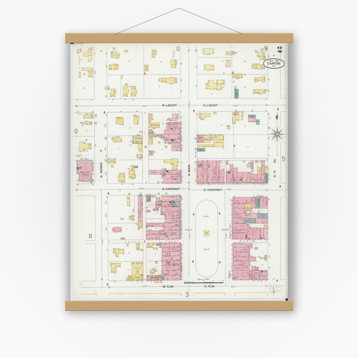 Old map wall art mockup — magnetic wood frame on white wall — Sanborn Fire Insurance Map from Canton, Fulton County, Illinois (1902), Sheet #0002