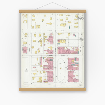 Old map wall art mockup — magnetic wood frame on white wall — Sanborn Fire Insurance Map from Canton, Fulton County, Illinois (1902), Sheet #0002