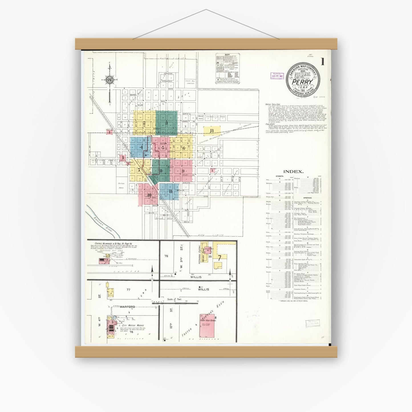 Old map wall art mockup — magnetic wood frame on white wall — Sanborn Fire Insurance Map from Perry, Dallas County, Iowa (1911), Sheet #0001