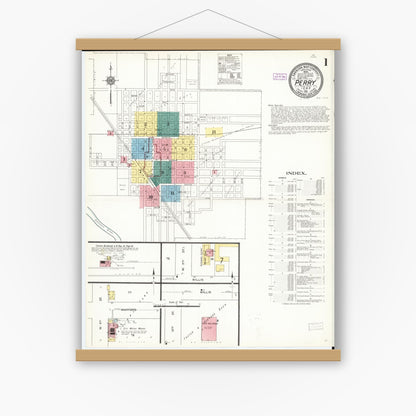 Old map wall art mockup — magnetic wood frame on white wall — Sanborn Fire Insurance Map from Perry, Dallas County, Iowa (1911), Sheet #0001