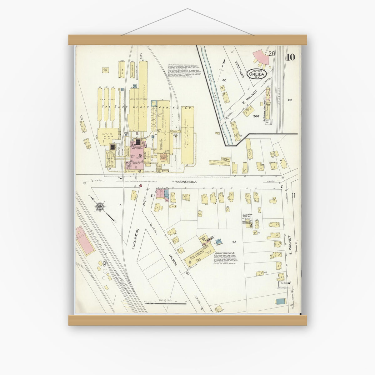 Old map wall art mockup — magnetic wood frame on white wall — Sanborn Fire Insurance Map from Oneida, Madison County, New York (1914), Sheet #0010