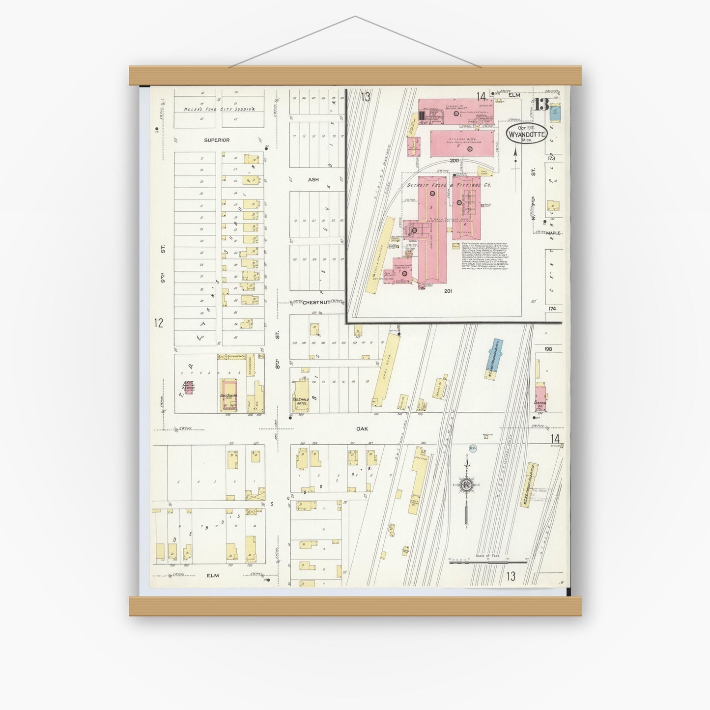 Old map wall art mockup — magnetic wood frame on white wall — Sanborn Fire Insurance Map from Wyandotte, Wayne County, Michigan (1912), Sheet #0013