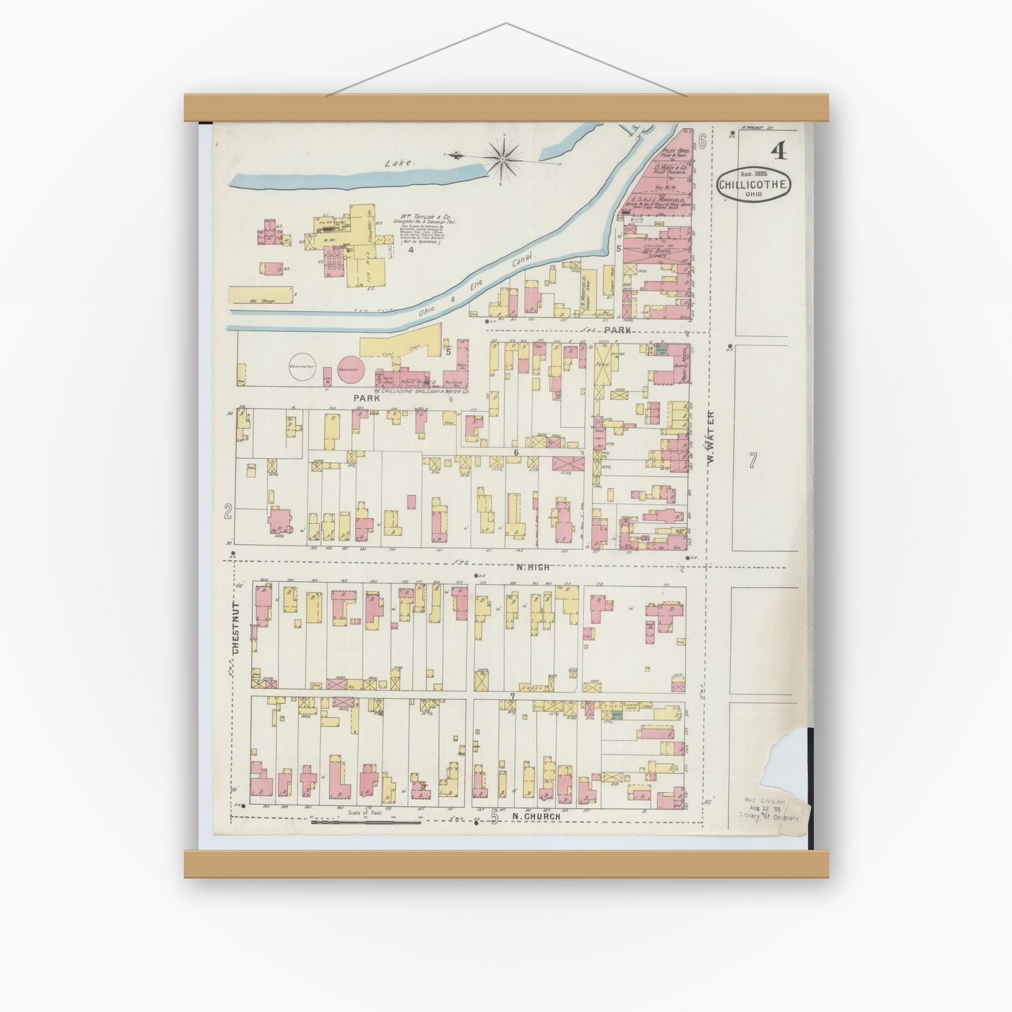 Old map wall art mockup — magnetic wood frame on white wall — Sanborn Fire Insurance Map from Chillicothe, Ross County, Ohio (1895), Sheet #0004