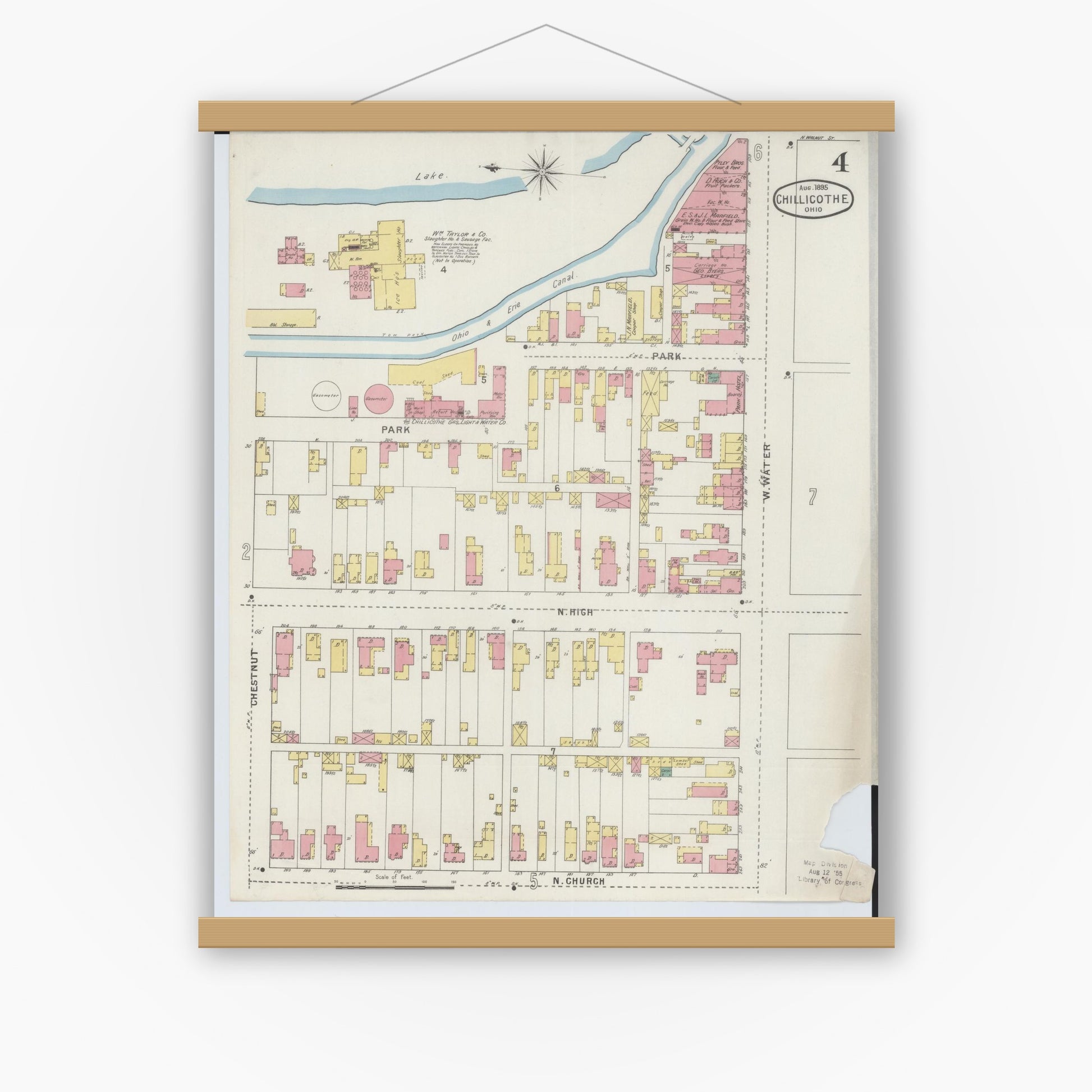 Old map wall art mockup — magnetic wood frame on white wall — Sanborn Fire Insurance Map from Chillicothe, Ross County, Ohio (1895), Sheet #0004