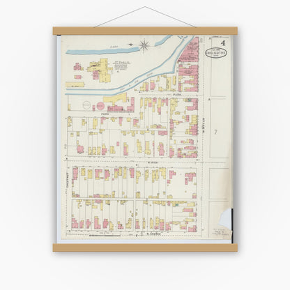 Old map wall art mockup — magnetic wood frame on white wall — Sanborn Fire Insurance Map from Chillicothe, Ross County, Ohio (1895), Sheet #0004