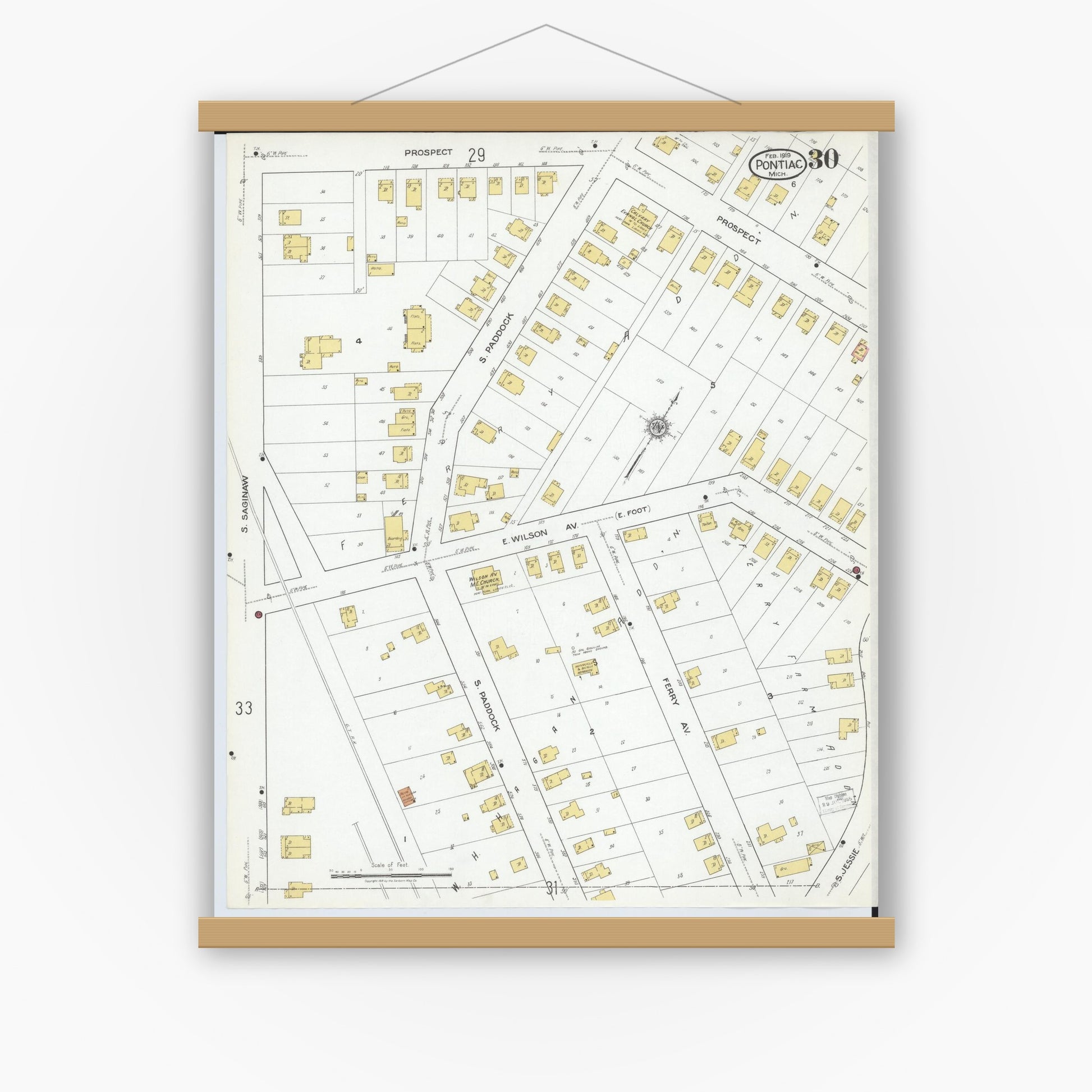 Old map wall art mockup — magnetic wood frame on white wall — Sanborn Fire Insurance Map from Pontiac, Oakland County, Michigan (1919), Sheet #0030